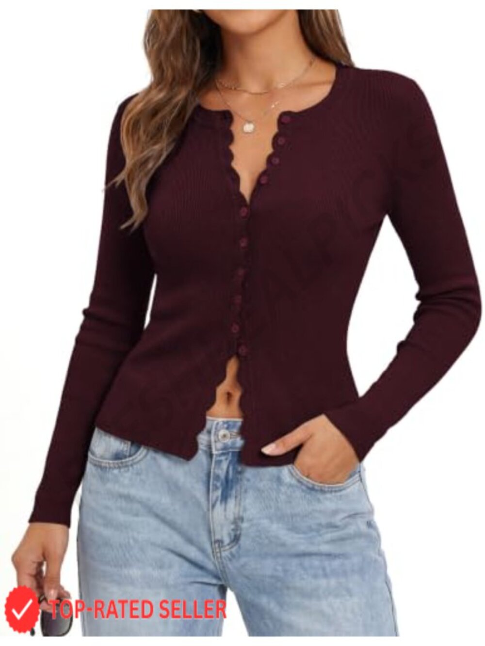 Womens Cropped Cardigan Button up Scalloped Knit Top Lightweight